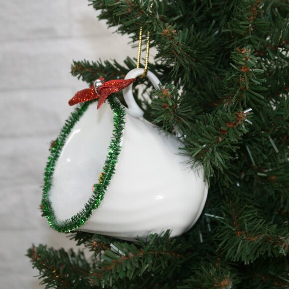 HAND CRAFTED Christmas Ornament Upcyled Teacup Musical Angel Winter Scene Green - Picture 3 of 9
